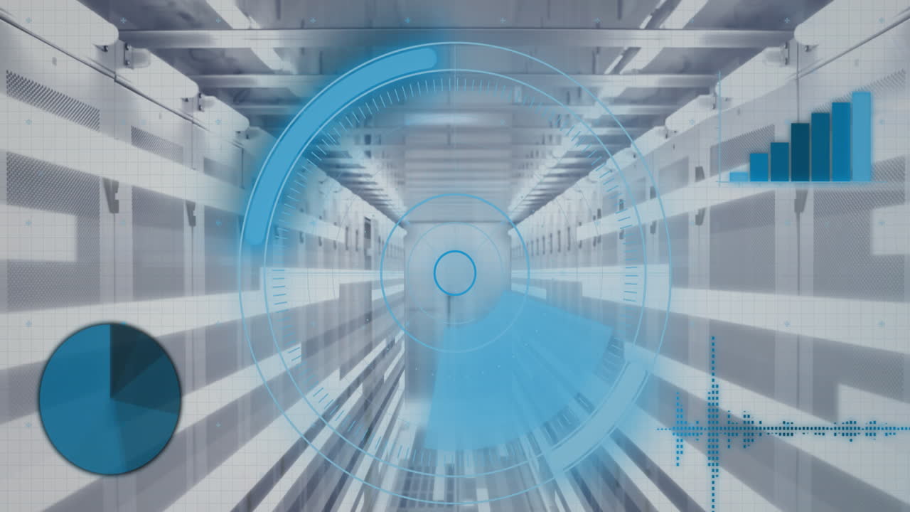 둥근 스캐너의 애니메이션, 통계 데이터 처리, 컴퓨터 서버 방에 대한 빛 트레일