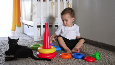 lovely caucasian toddler sits on the carpet playing with a pyramid. gorgeous black cat lies beside the baby.