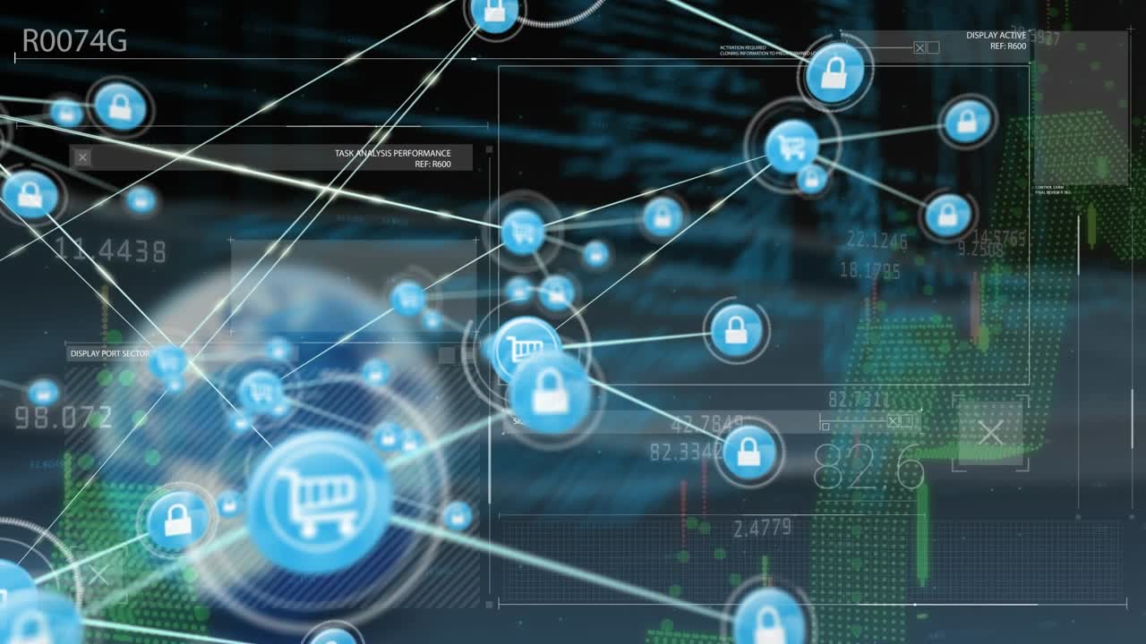 Animazione di una rete di icone digitali su un'interfaccia con elaborazione dati su sfondo blu