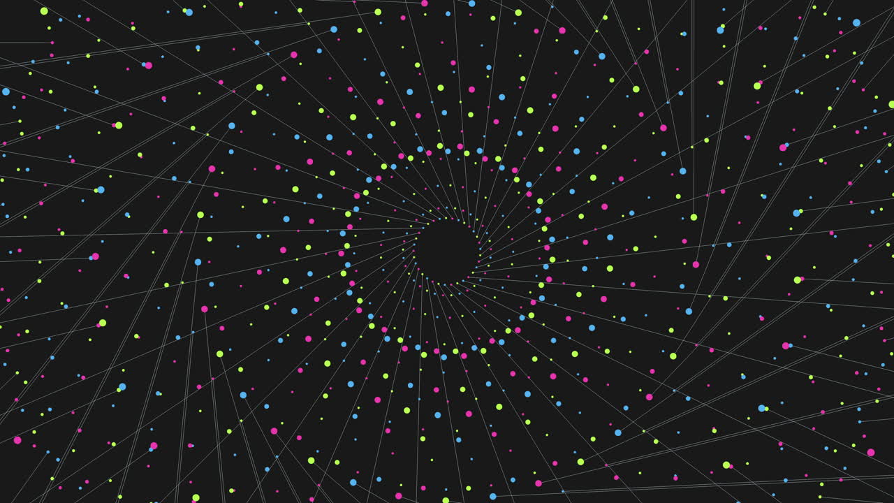 círculos de fantasía en espiral con puntos de arco iris de neón en la galaxia oscura