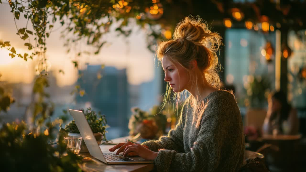 A Young Woman Engages in Creative Work on Her Laptop Amidst a Peaceful, Plant-Filled Environment Bathed in Warm Sunset Light