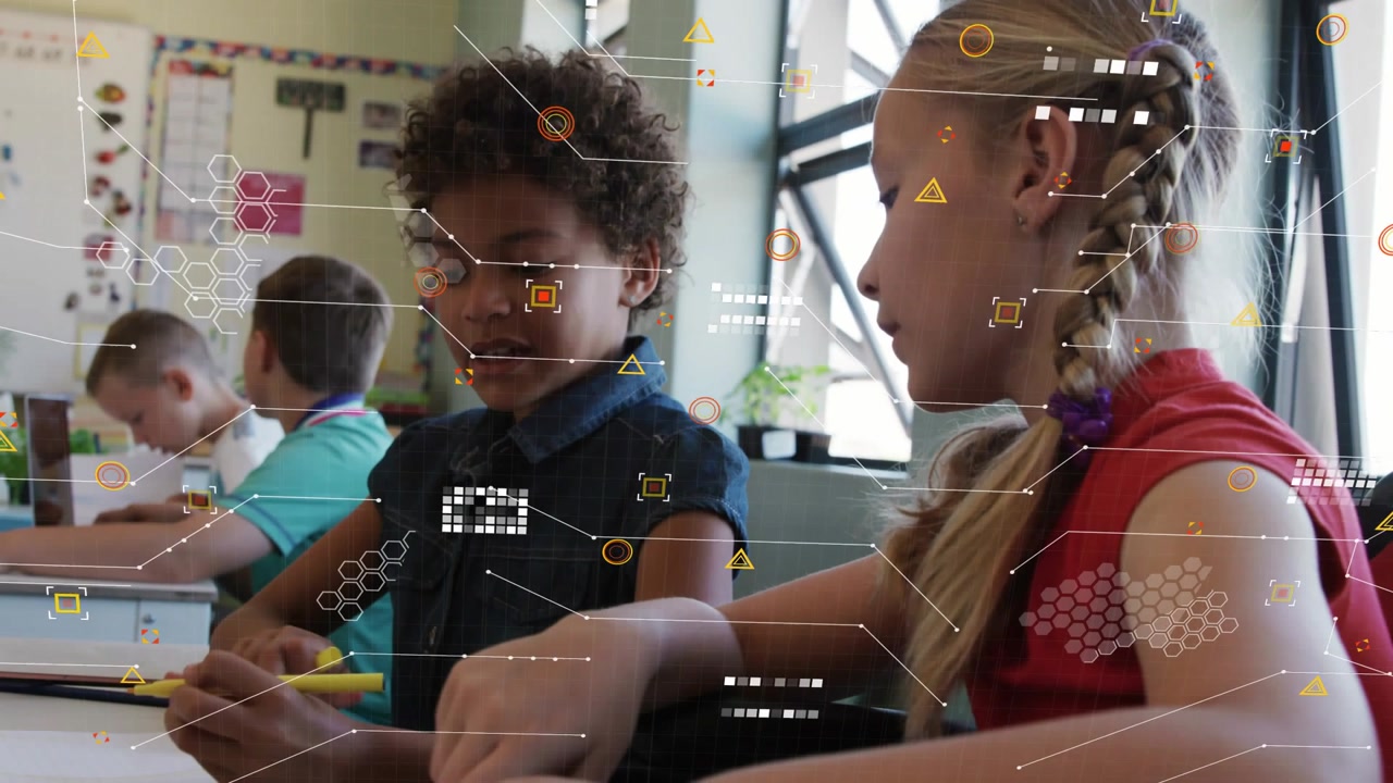 Boy writing while girl reaching after glance, sharing yellow pen on classwork, HUD linking papers