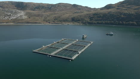 An-aerial-view-of-an-aquaculture-installation-on-Loch-Eriboll-in-the-Scottish-Highlands-on-a-sunny-day