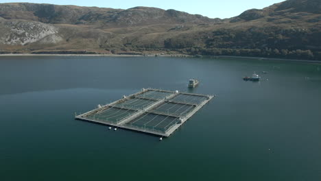 Una-Vista-Aérea-De-Una-Instalación-De-Acuicultura-En-El-Lago-Eriboll-En-Las-Tierras-Altas-Escocesas-En-Un-Día-Soleado