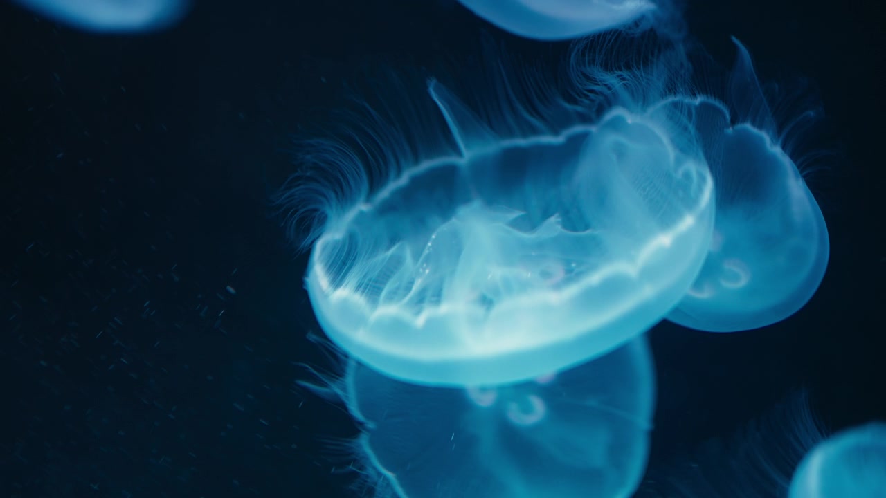Medusa blu fluorescente che fluttua con grazia in un ambiente sottomarino scuro