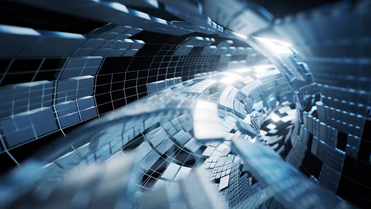 Rund tunnel med metalliske teknologiske kuber, 3D-gjengivelse