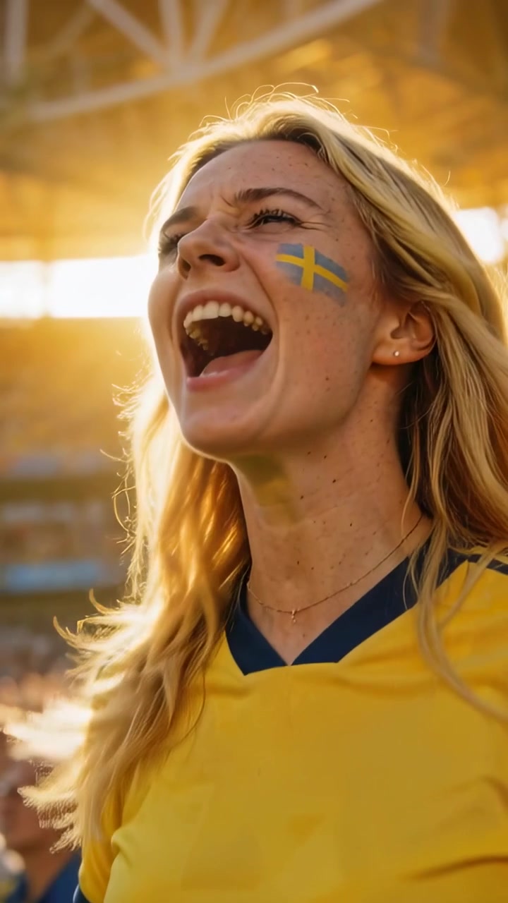 Video verticale: Tifoso che ruggisce e incita la squadra, inclinandosi nell'arena, con divisa gialla e pittura facciale a bandiera svedese.