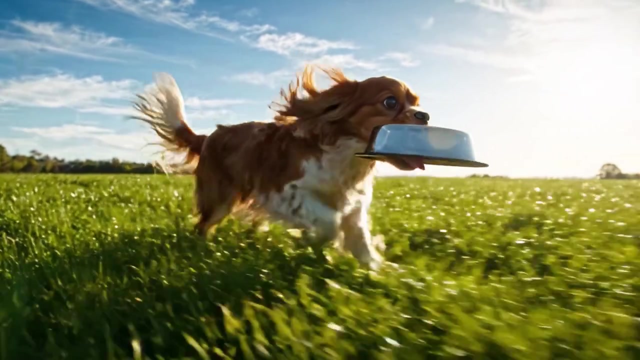 Cane Gioioso che Corre con la Ciotola: Un Momento Commovente Catturato nel Campo mentre un Cane Giocoso Porta Felicità ed Energia a un'Avventura all'Aperto