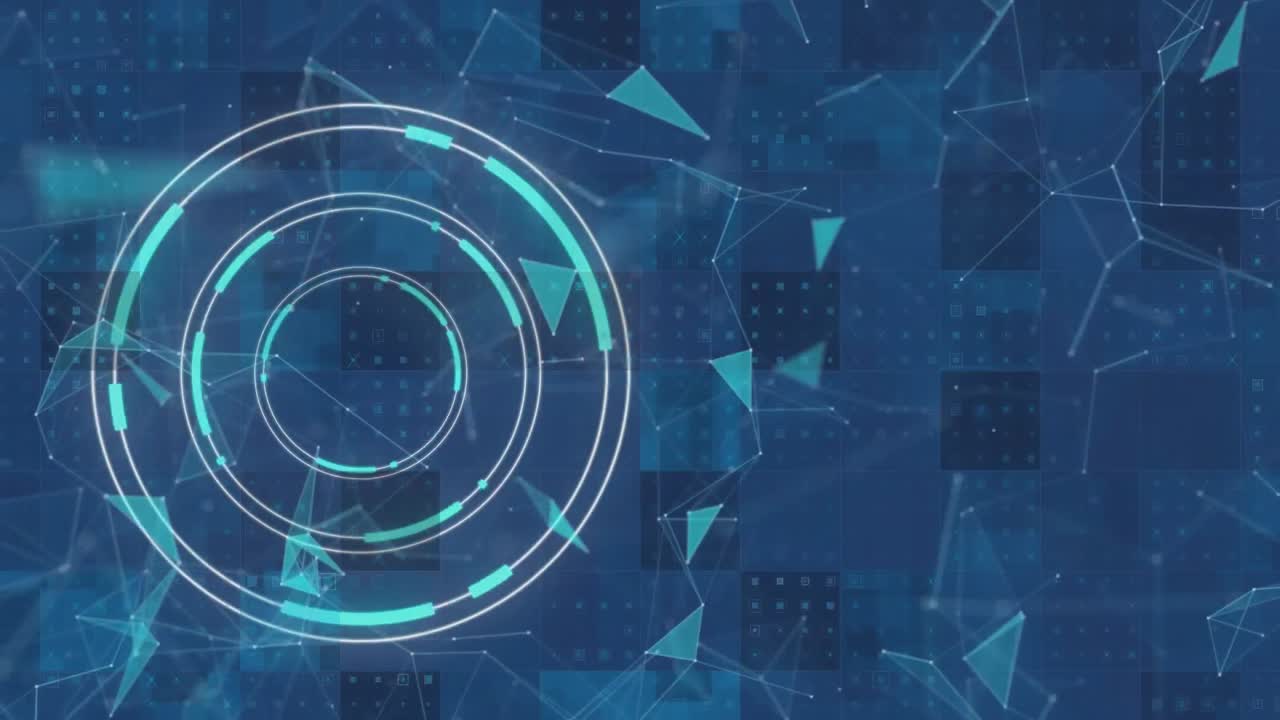 escáner redondo de neón contra una red de conexiones flotando sobre un fondo azul