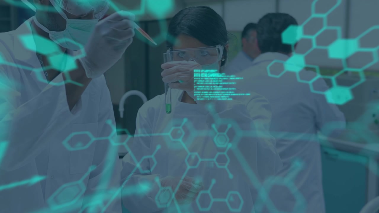 Animation of science data processing over diverse group of scientist in laboratory