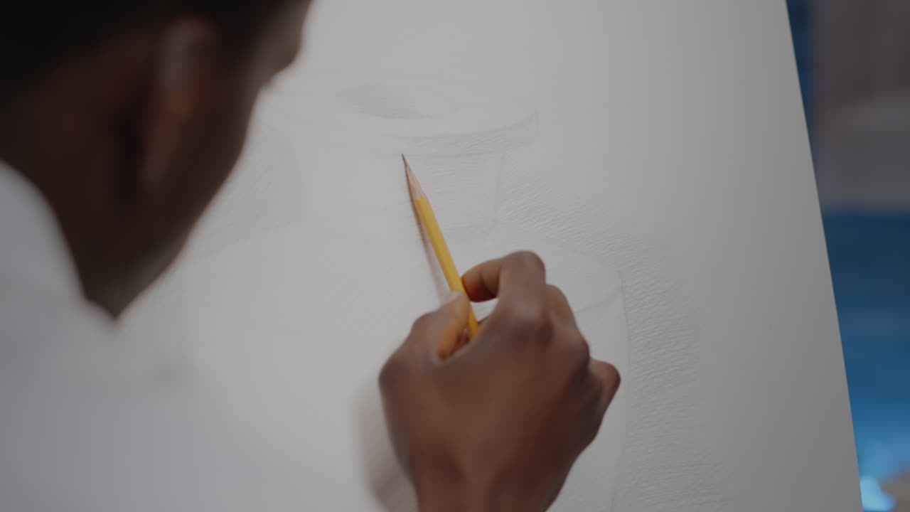 Close up of black hand drawing with art pencil on white canvas