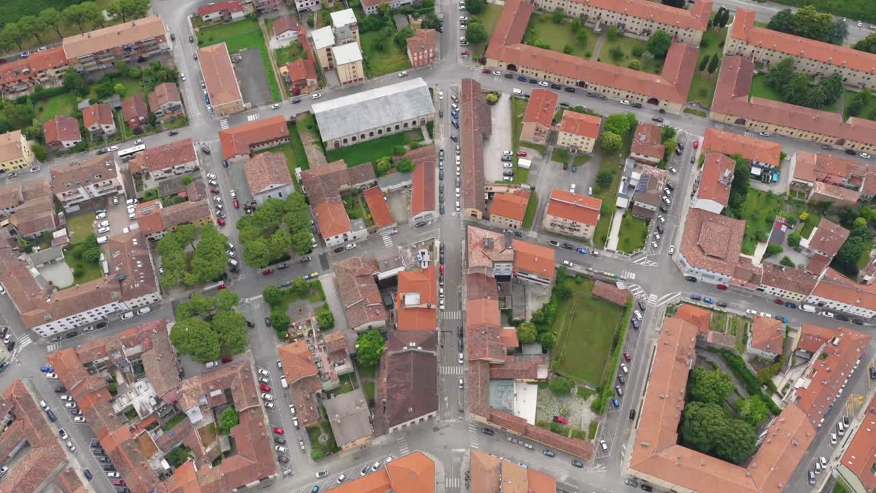 Close-up drone angle revealing fine details in the urban geometry of Palmanova