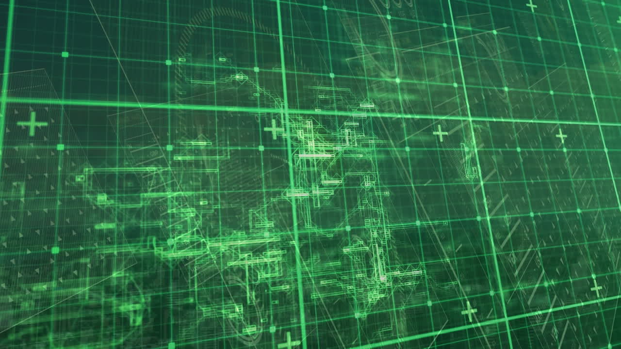 추상적인 배경의 로딩 서클과 바에 대한 매트릭스 지도 위의 그리드 패턴의 애니메이션