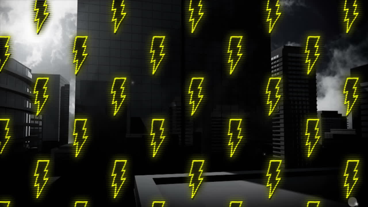 Digital animation of multiple thunderbolt icons in seamless pattern against tall buildings
