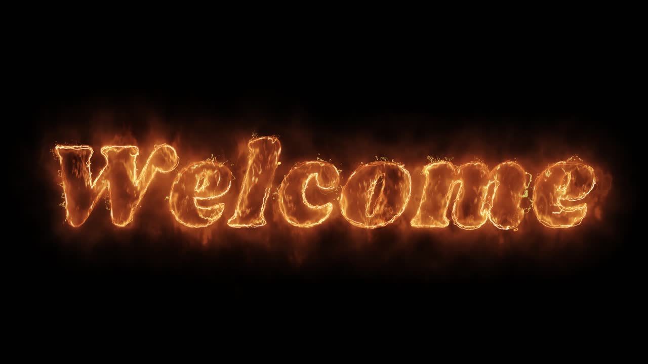 Welcome word hot animated burning realistic fire flame and smoke seamlessly loop animation on black
