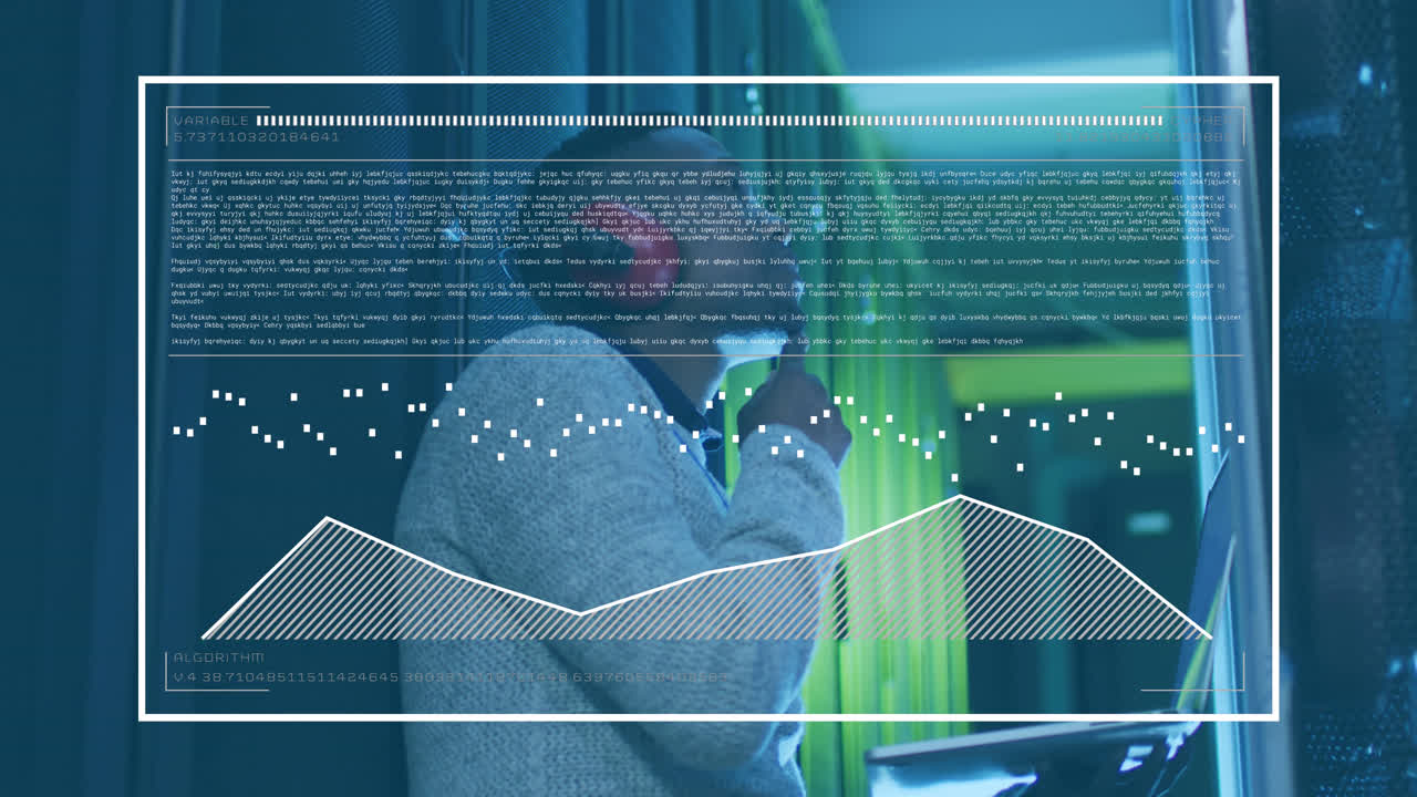 Animation of graphs, loading bar, african american engineer wearing headphone checking servers