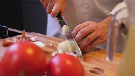 the cook cuts the onion into small pieces