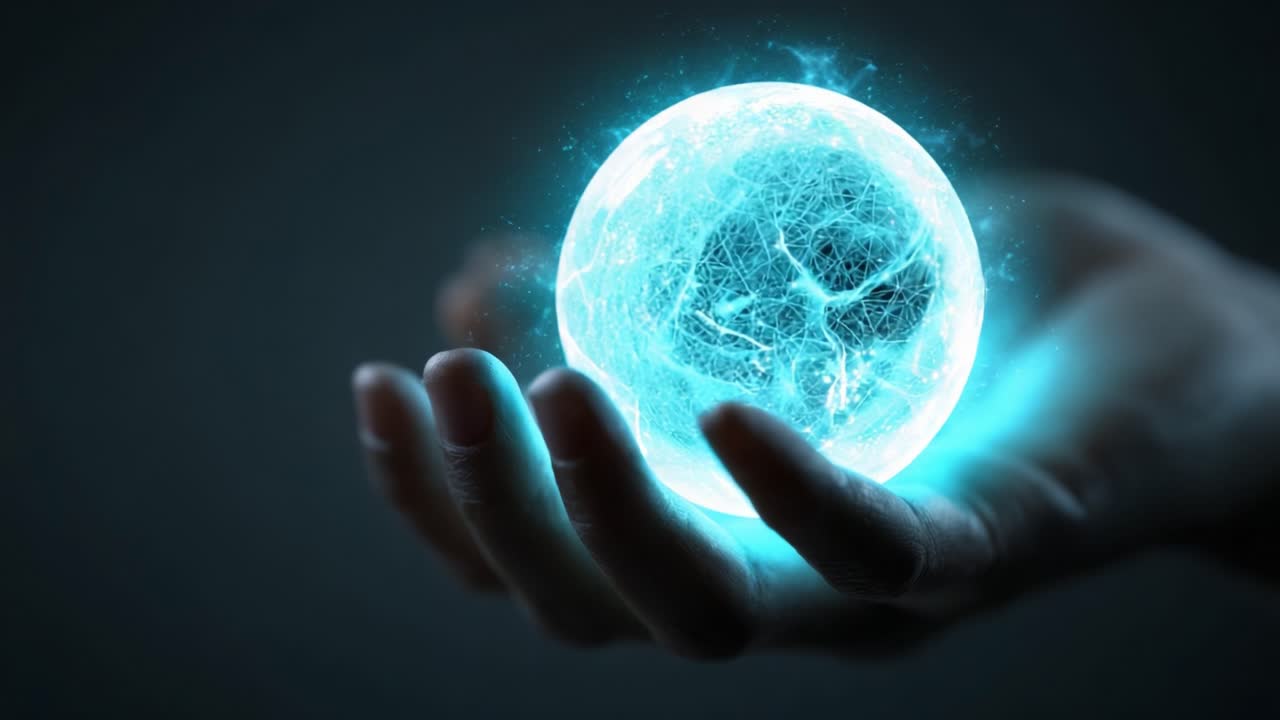 A hand holds a glowing, blue energy orb, crackling with light and electricity, epitomizing the fusion of technology and nature in a captivating visual experience
