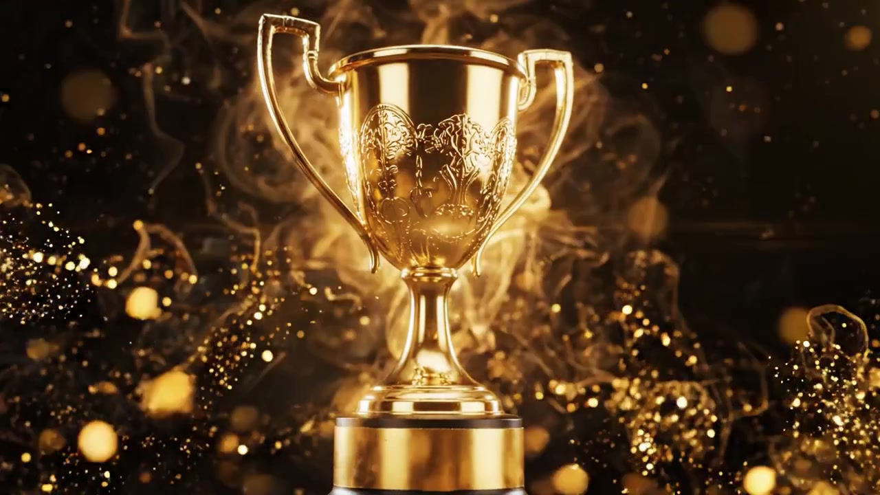 Trofeo d'Oro Scintillante Immortalato nella Gloria con Effetti Luccicanti e Fumo Mistico, Simbolo di Successo e Trionfo nelle Competizioni.