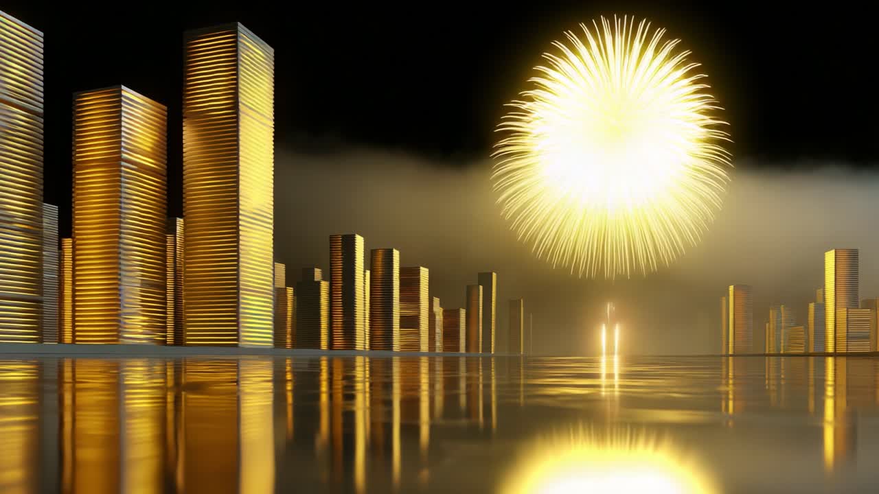 Spectacular Fireworks Display Illuminates a Dark Cityscape, Reflected in Calm Waters: A Stunning Visual Celebration of Light and Color Over Towering Golden Skyscrapers at Night