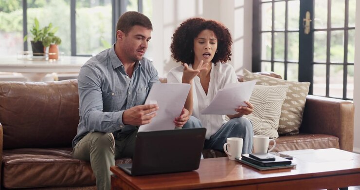 Coppia stressata che esamina documenti finanziari su un laptop a casa