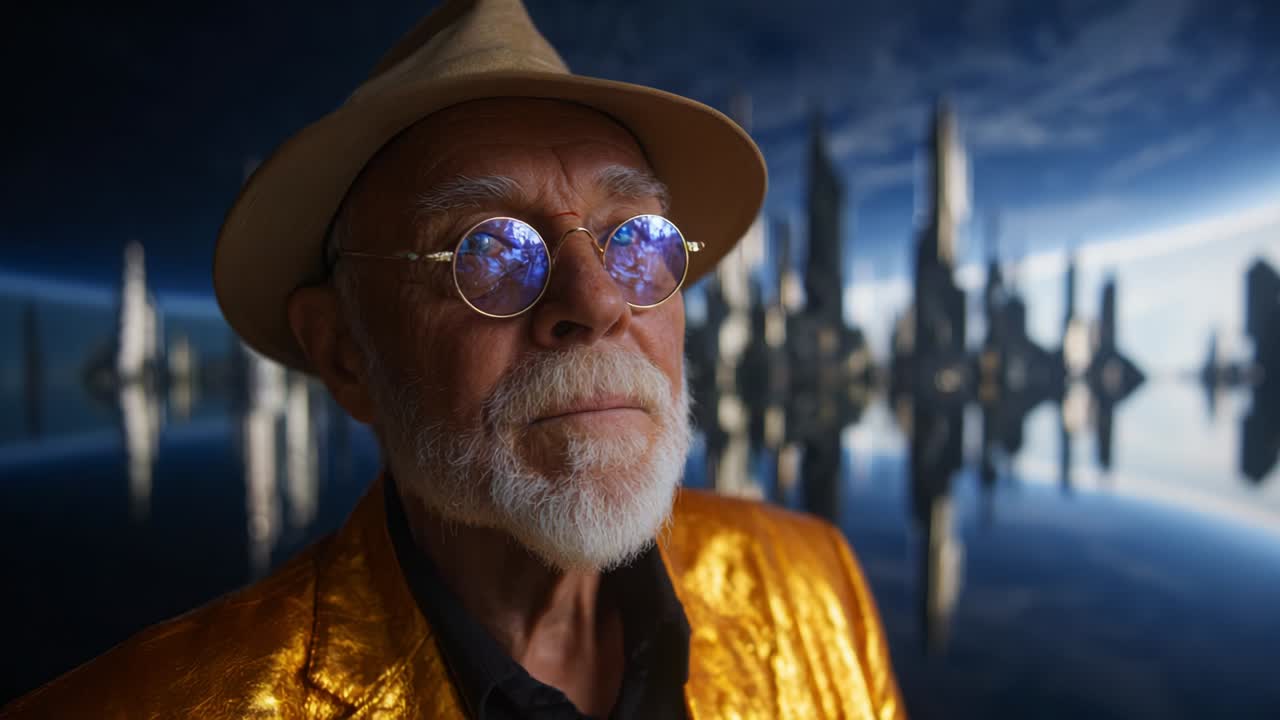 An Elegant Elderly Man with Distinctive Glasses and a Golden Jacket Poses Against a Futuristic Cityscape, Reflecting a Blend of Wisdom and Modernity in a Surreal Atmosphere of Innovation and Style