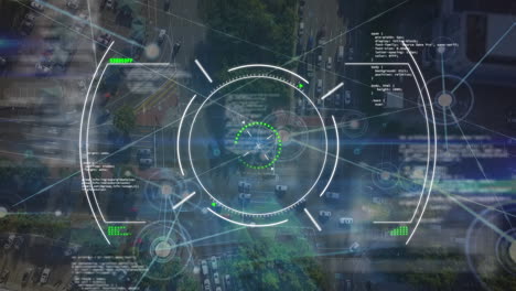 Animación-De-Red-De-Conexiones-Y-Escaneo-De-Alcance-Con-Procesamiento-De-Datos-Sobre-Paisaje-Urbano