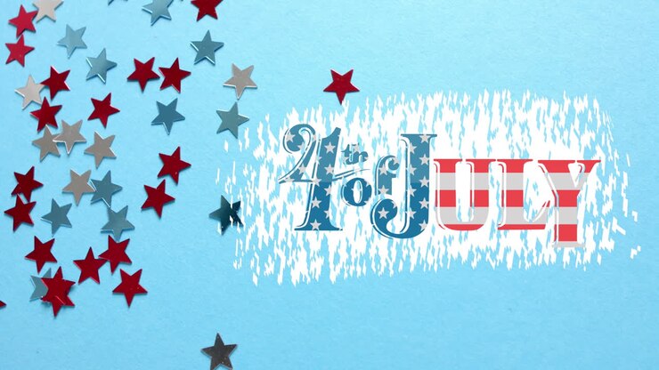 Animation of 4th of july text over stars of united states of america on blue background