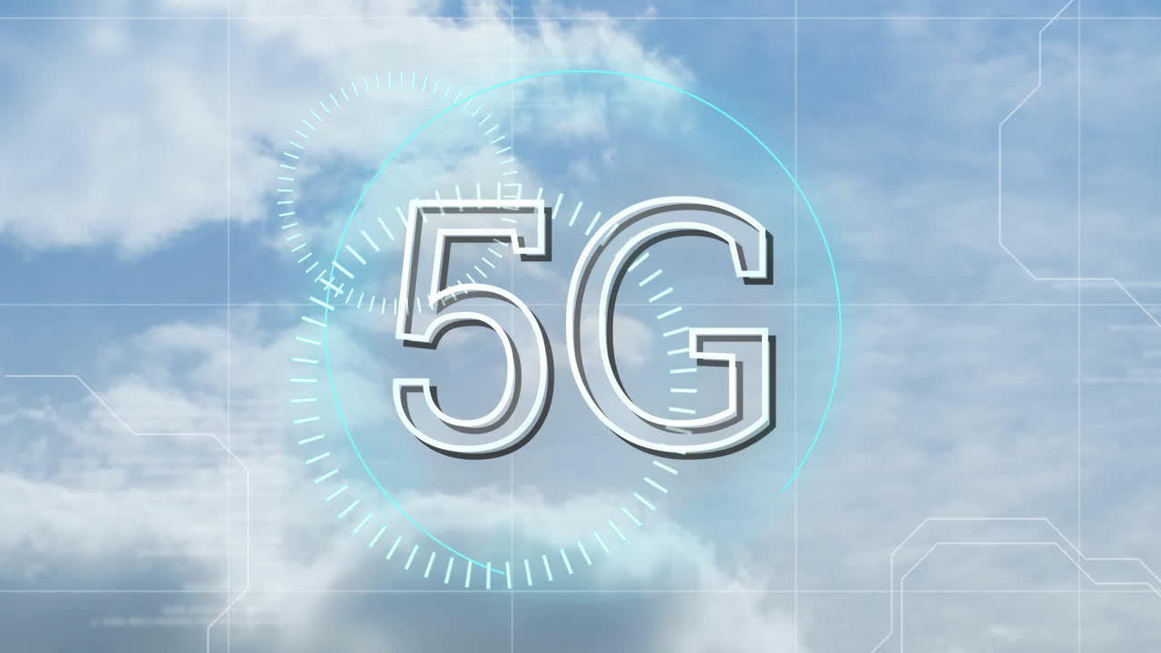 5g scritto su elaborazione dei dati e connessione di rete sul cielo blu