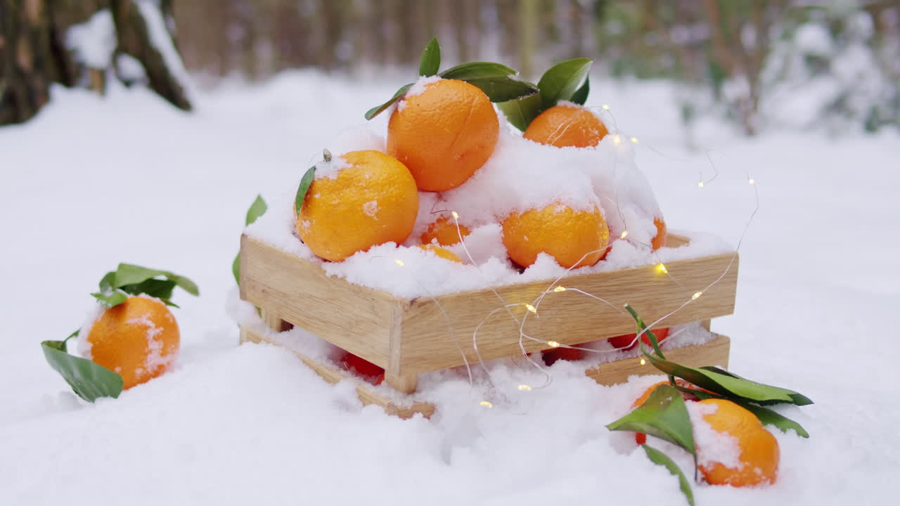Apelsiner i en trälåda i snön