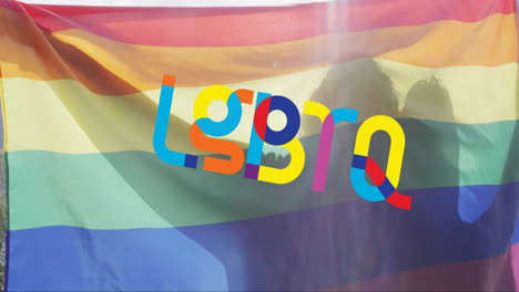 animación de texto lgbtq sobre la bandera del arco iris con personas en el fondo