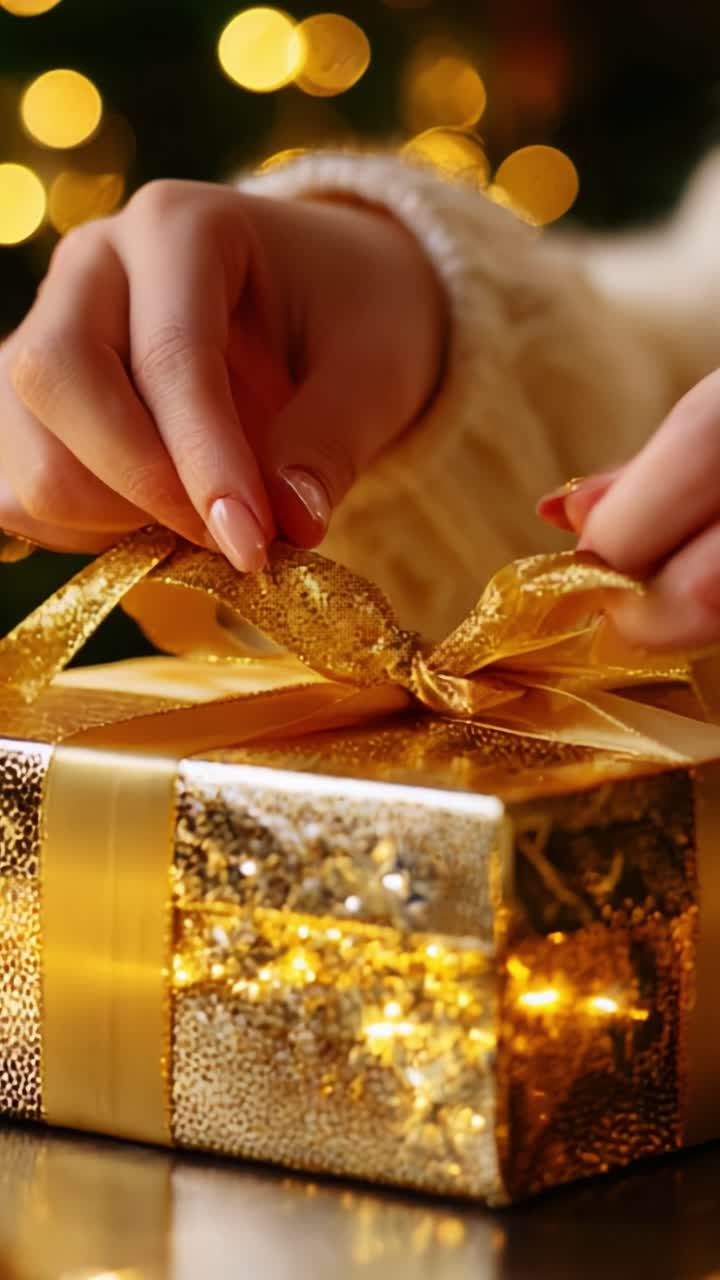 A beautifully wrapped golden gift box with twinkling lights, set against a backdrop of soft, glowing bokeh, highlighting the elegance and joy of giving during the festive season