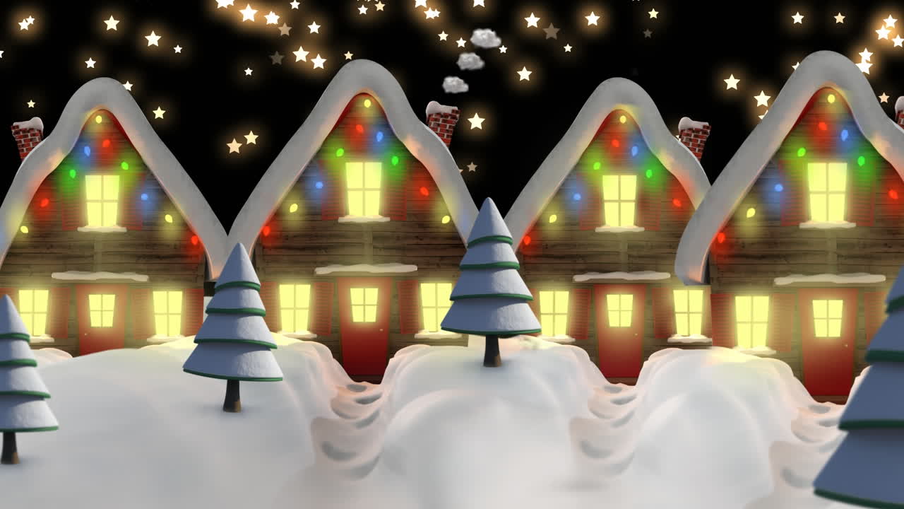 Animation of stars falling over houses with fairy lights