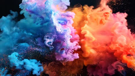 a colorful explosion of smoke and fire in the sky. the colors are vibrant and the smoke is thick, creating a sense of chaos and excitement