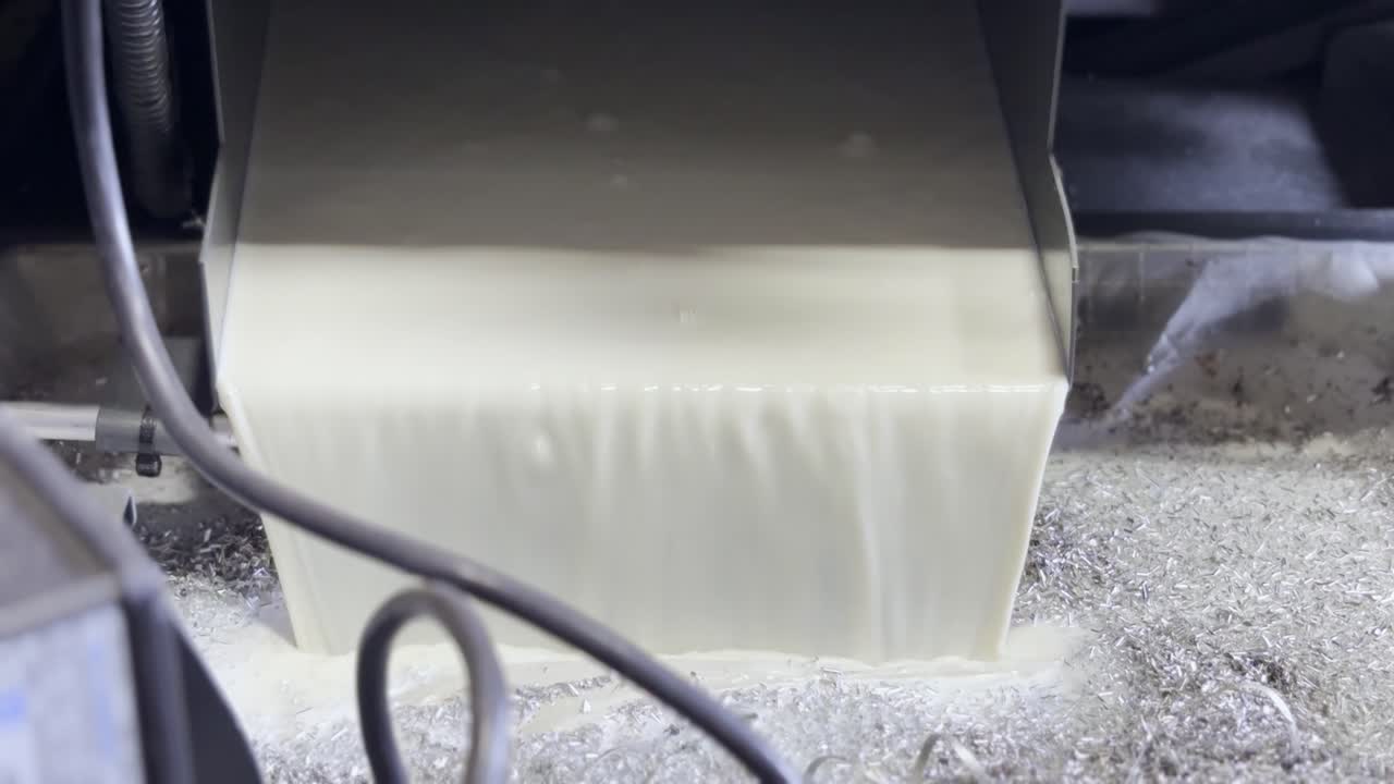 Coolant flows over aluminum chips during active CNC machining inside factory environment, discharge waste by product gathered in bucket