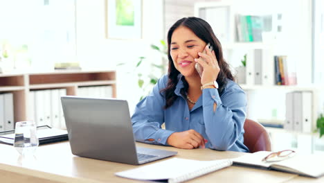 Woman-talking,-phone-call-and-laptop-in-business