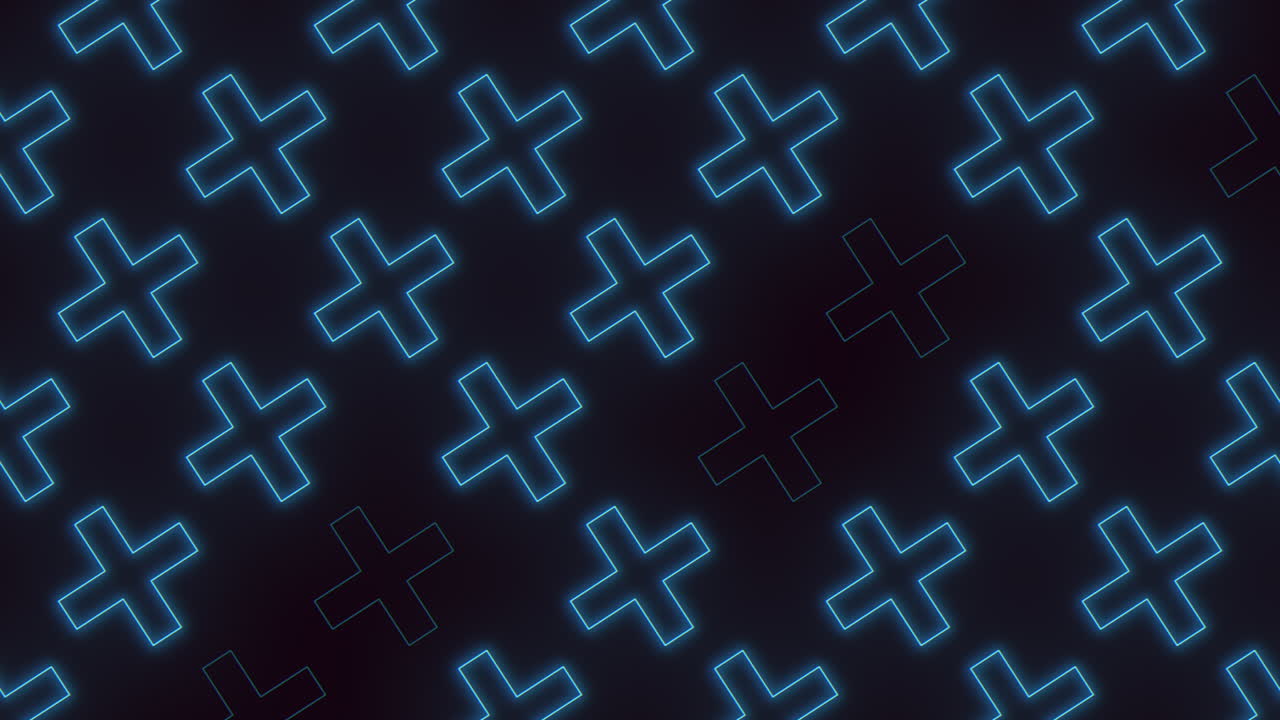 A seamless pattern of blue neon crosses on a black background suitable for wallpapers, backgrounds, and website designs, providing a captivating and stylish aesthetic