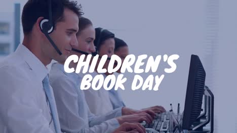 Animation-of-childrens-book-day-text-over-diverse-business-people-using-computer