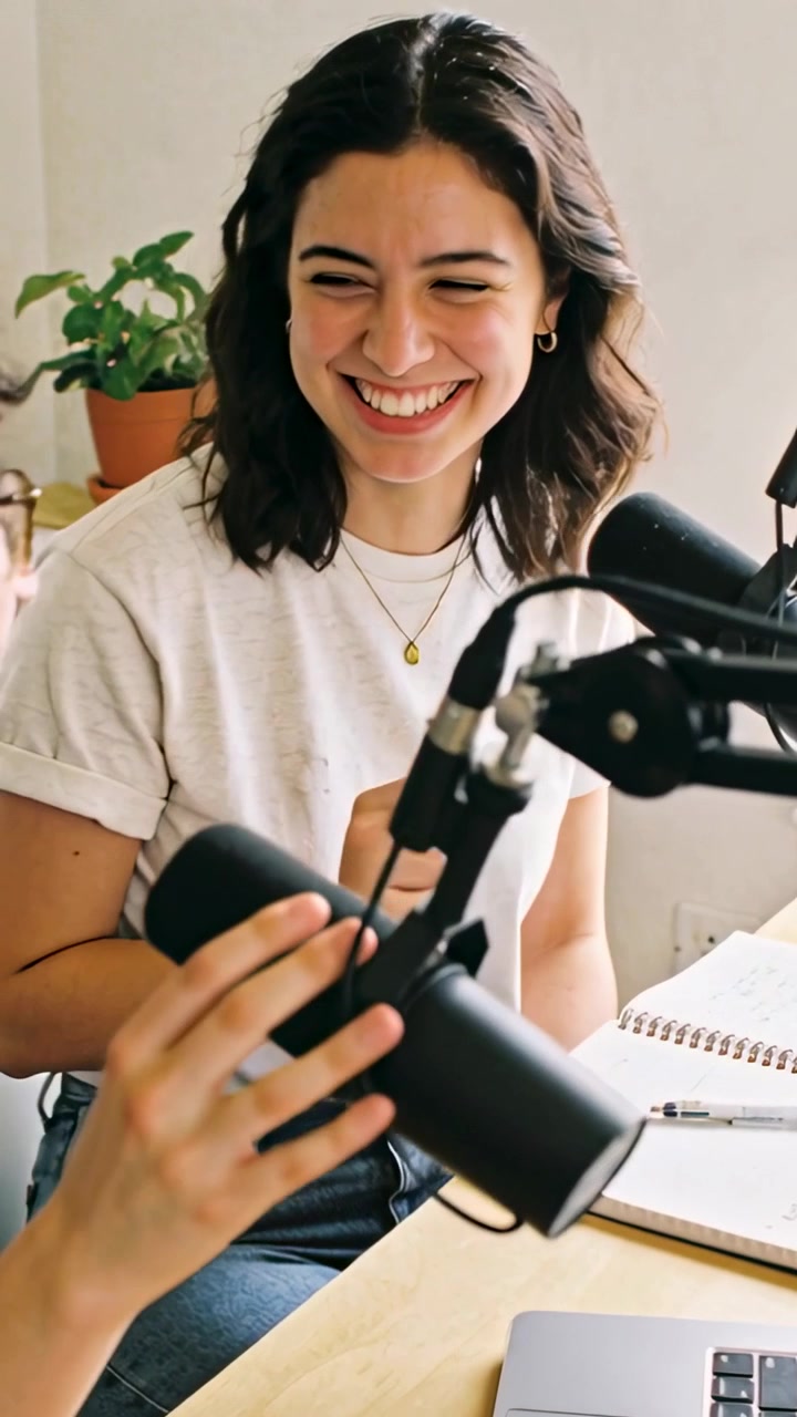 Video verticale: Donna sorridente in top bianco che risponde a un commento alla scrivania di casa per un podcast con microfono.