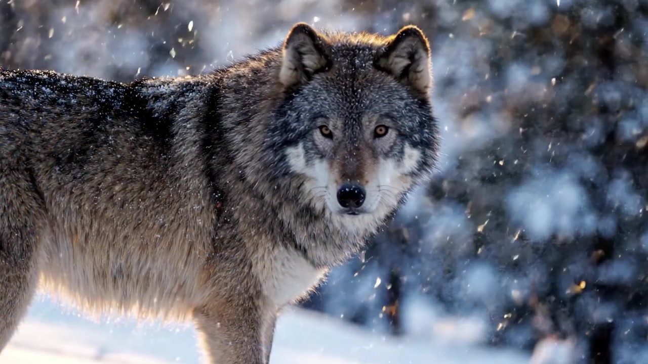 Majestic Wolf Roaming Through a Snowy Forest Landscape at Dusk, Captured in Stunning Detail, Showcasing Nature's Power and Beauty in the Winter Wilderness