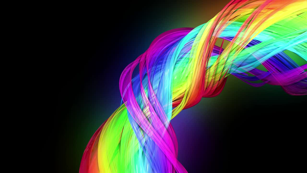 라인과 리본으로 추상적인 배경으로 원으로 움직이는 네온 빛을 가진 무지개 색의 테이프의 4k 다채로운 루프 애니메이션, 루마 매트는 컴포지팅을위한 알파 채널로 포함되어 있습니다.