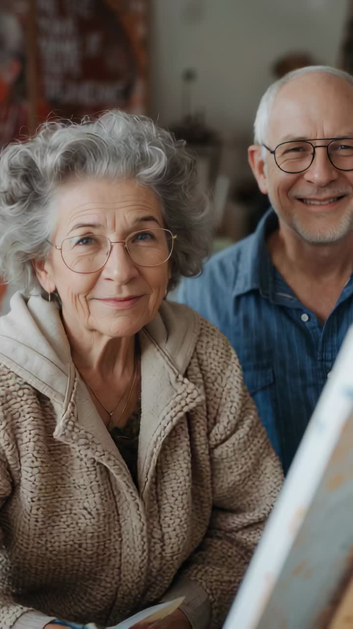 Vertical video: Zooming camera couple posing in art studio with canvas, glasses, jacket, blue top