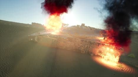 tanque quemado en el desierto al atardecer