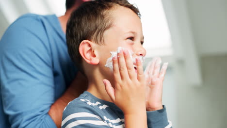 Shaving-cream,-boy-or-child-with-dad-in-bathroom