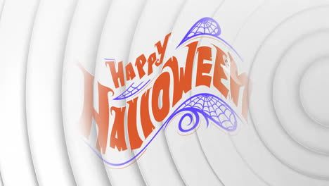 happy halloween text animation with spider web design over white spiral background