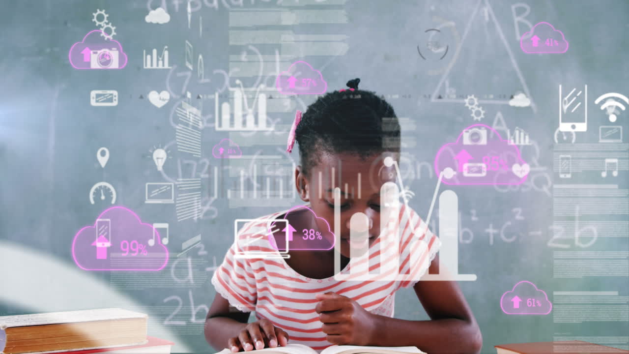 Animation of an African American schoolgirl learning with Coronavirus Covid-19 spreading
