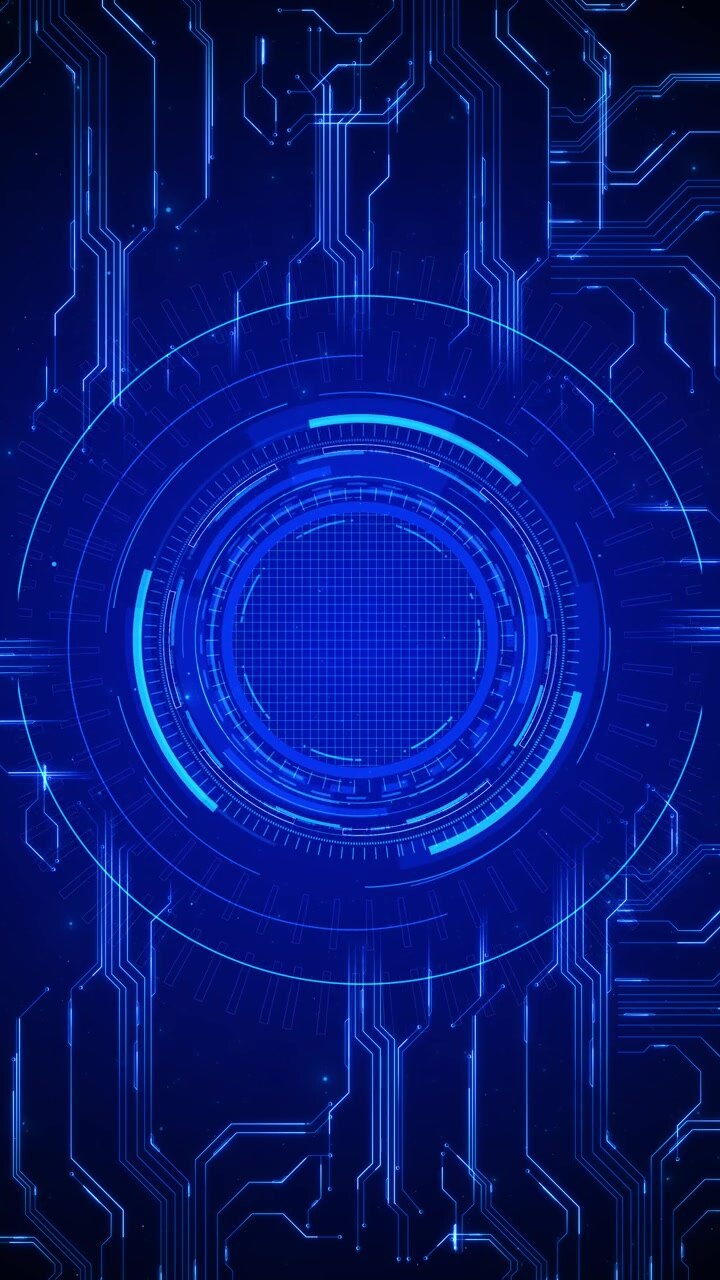Sfondo tecnologico HUD circolare blu futuristico con anelli luminosi, percorsi di circuito, centro a griglia e cruscotto.