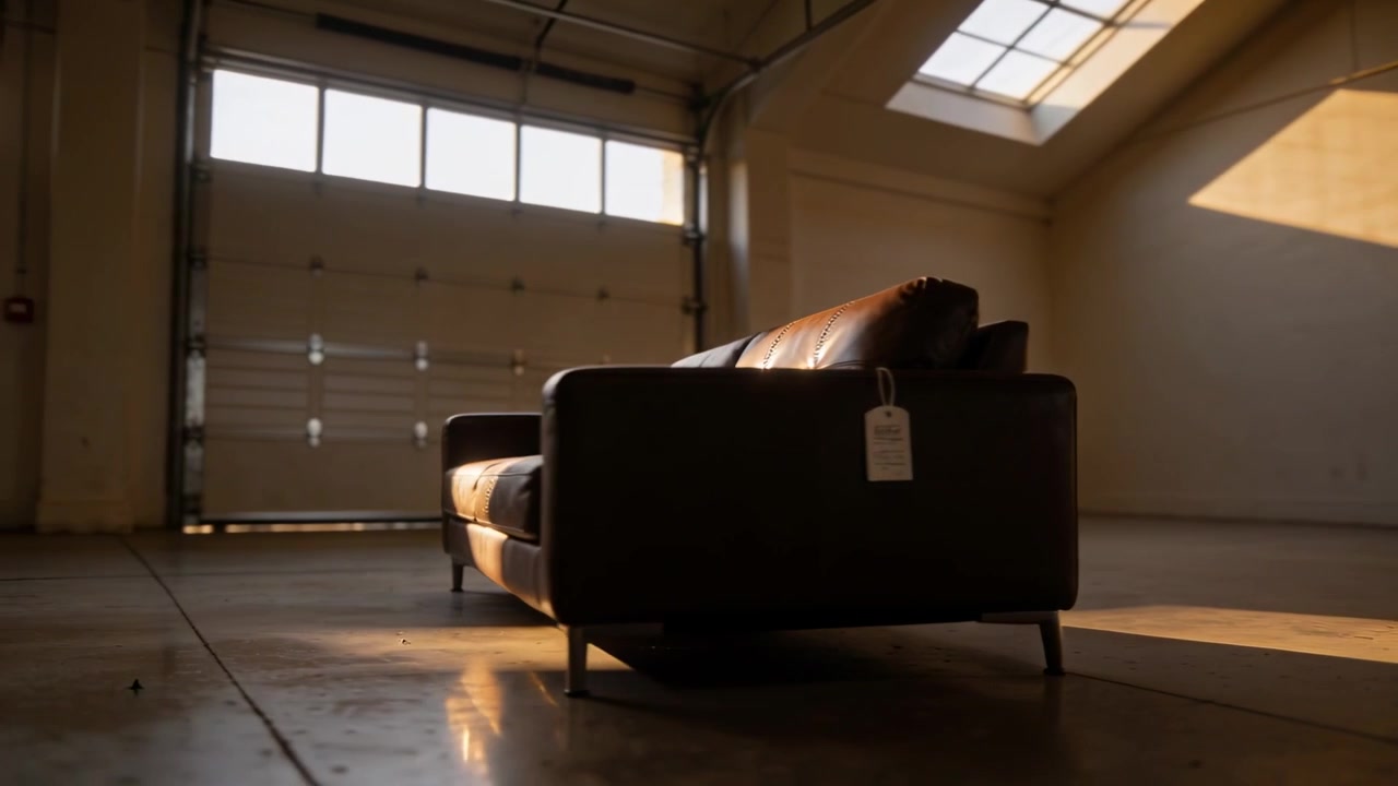 Telecamera orbitante che riprende un divano in pelle marrone a 3 posti in garage, con la luce del sole che si sposta e mostra il cartellino del prezzo.