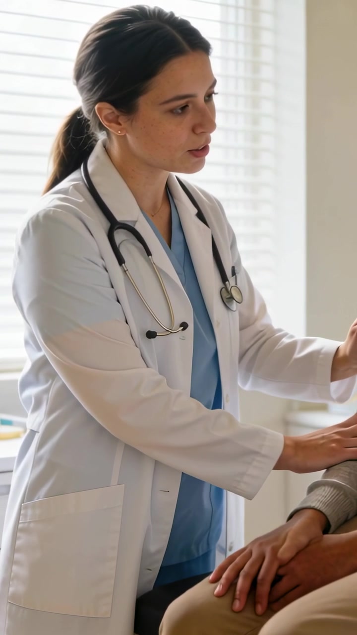 Video vertical: Doctora examinando el antebrazo y hombro de un paciente en una clínica, con bata blanca.