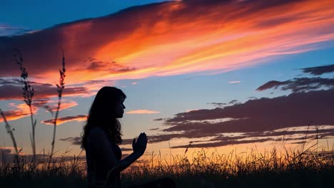 serene silhouette of woman performing yoga meditation in grassy field during golden hour sunset, colorful clouds drifting across scenic sky